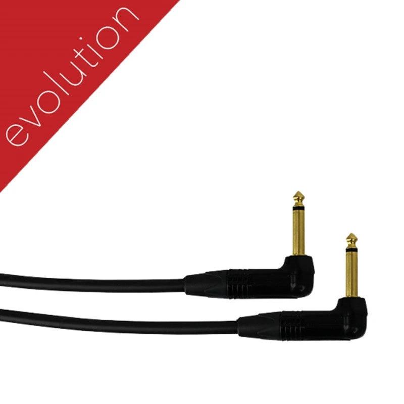 Black audio cable with gold connectors on a white background, featuring the 'evolution' brand.