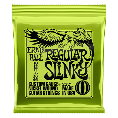 Ernie Ball Regular Slinky guitar strings packaging with an eagle logo on a green background
