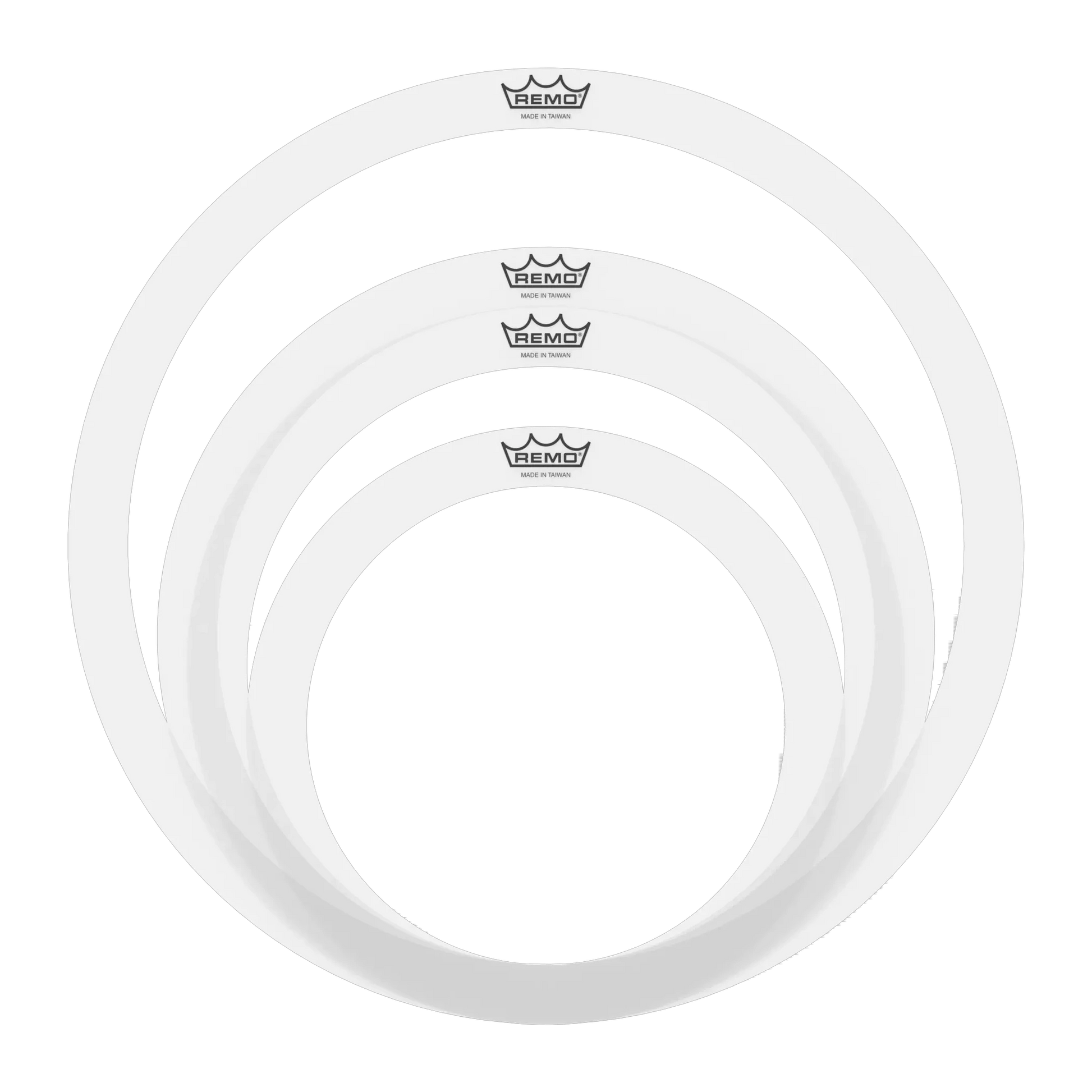 Three white drum heads with Remo logo on a white background