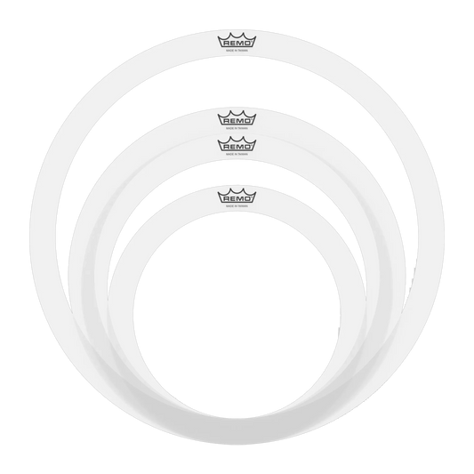 Three white drum heads with Remo logo on a white background