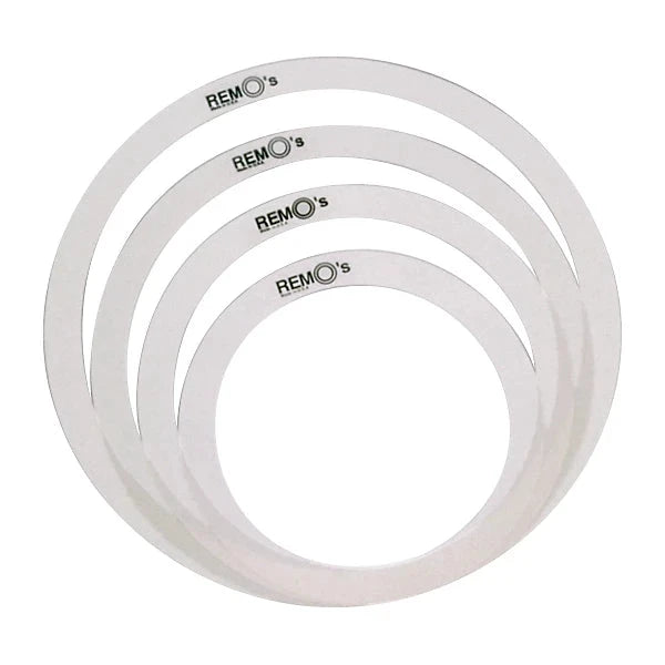 Set of four Remo drum heads on a white background