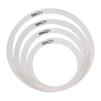 Set of four Remo drum heads on a white background