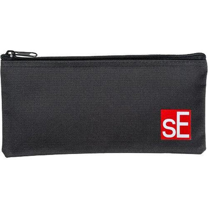 Black pencil case with a red and white logo on a white background