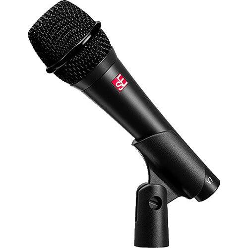 Black microphone with a brand logo on a white background