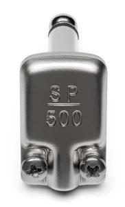 Metallic device with 'SP 500' marking on a white background
