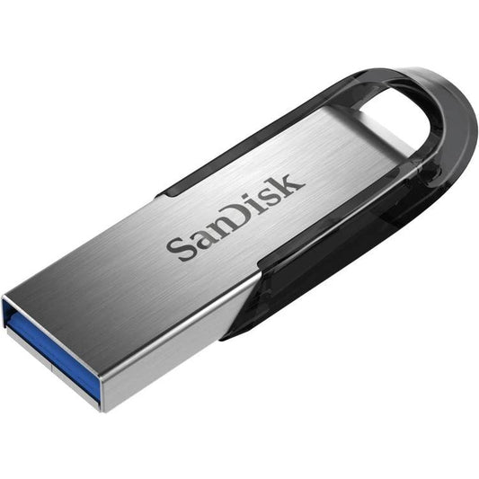 SanDisk 32GB Ultra USB 3.0 flash drive with a silver metal body and blue USB connector.