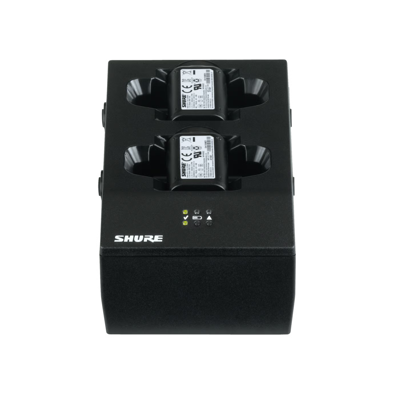 Shure wireless transmitter battery packs on a white background