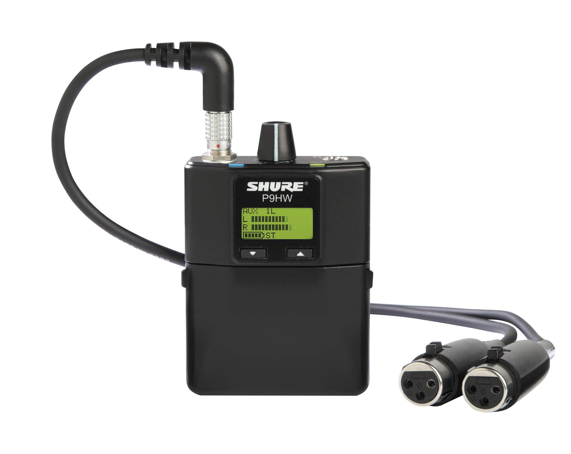 Shure p9hw wired bodypack on a white background