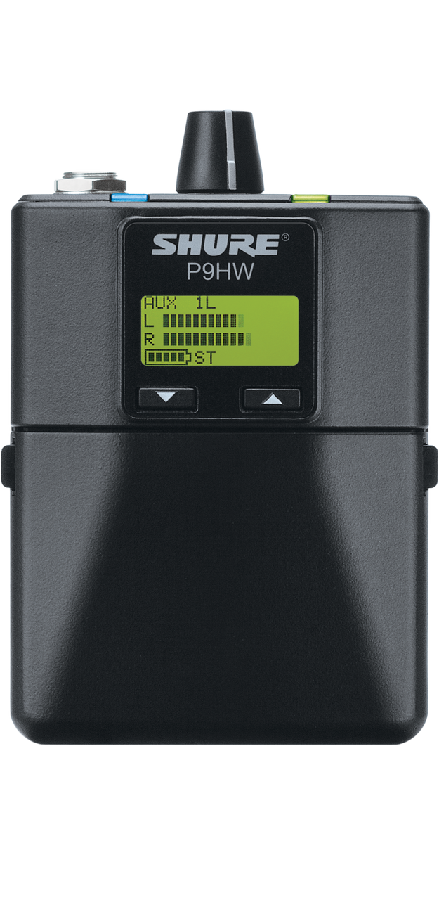 Shure p9hw wired bodypack on a white background
