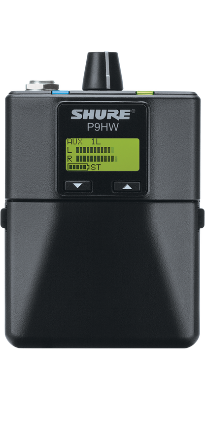 Shure p9hw wired bodypack on a white background
