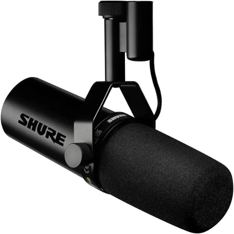 Black Shure microphone on a white background