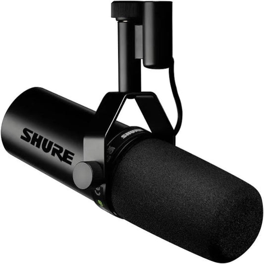Black Shure microphone on a white background