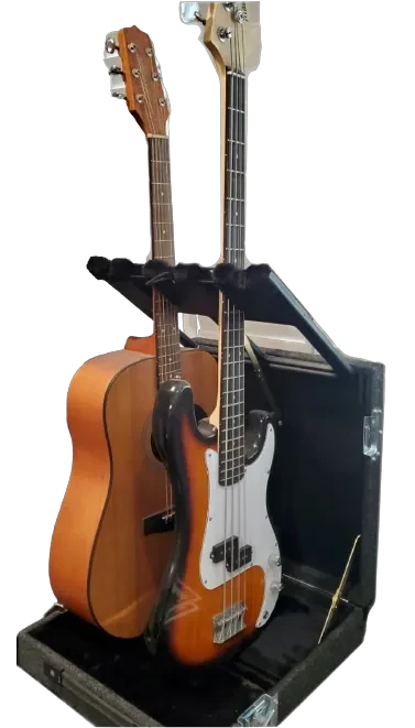 Ultra Case GSX-2 guitar boat stand with two guitars in a touring-ready case