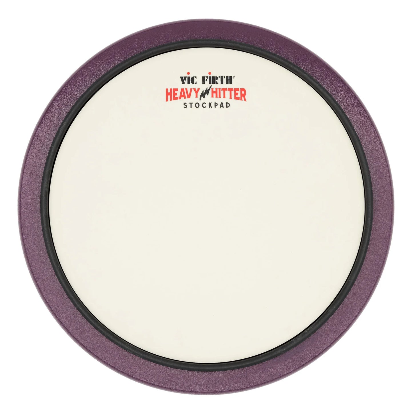 Drum practice pad with purple rim and Vic Firth logo on a white background