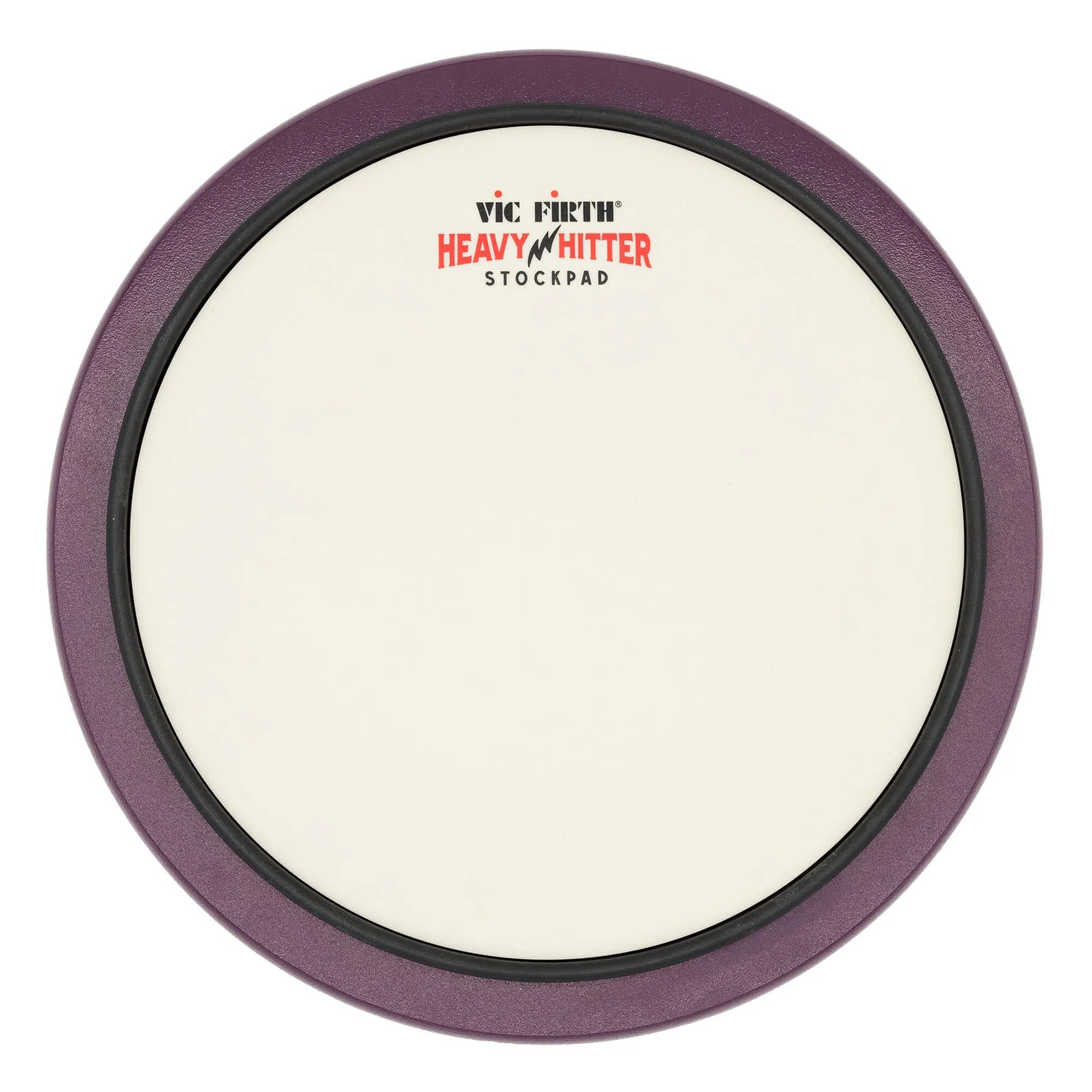 Drum practice pad with purple rim and Vic Firth logo on a white background