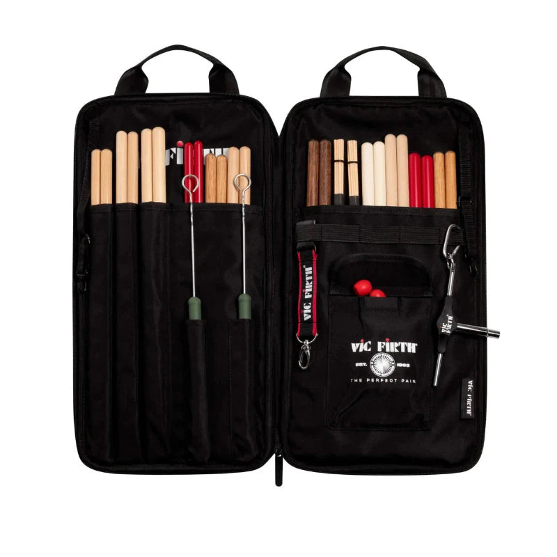 Vic Firth Performer Classic Stick Bag with black fabric and multiple wooden drum sticks visible.