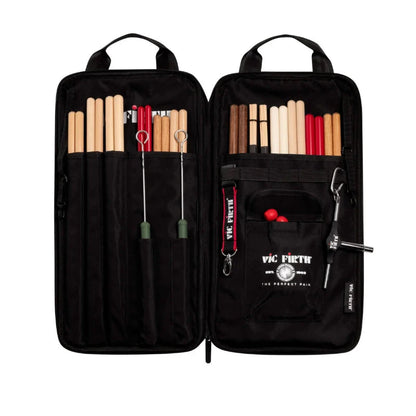 Vic Firth Performer Classic Stick Bag with black fabric and multiple wooden drum sticks visible.