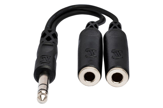 Black audio cable with 3.5mm plug and dual 6.35mm plugs on a white background