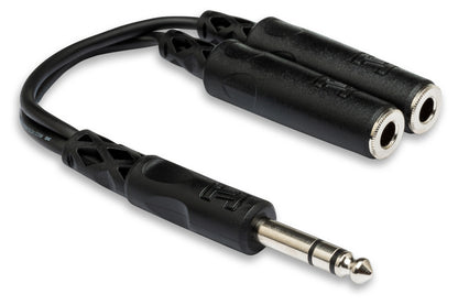 Audio cable adapter with 6.35mm plug and 2RCA connector on a white background