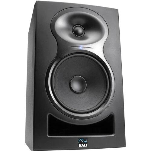 Kali Audio LP-6 V2 studio monitor speaker in black, front view with dual drivers and front bass port, Kali Audio logo.