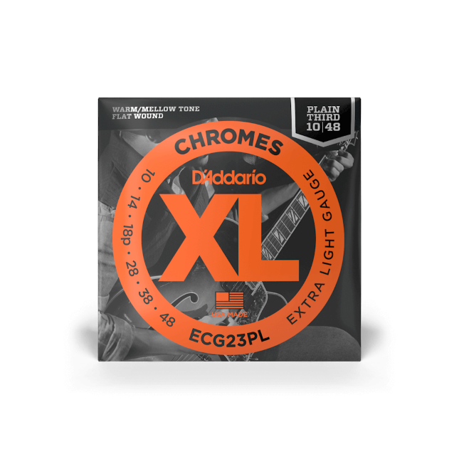 D'Addario ECG23PL XL Chromes Flatwound Electric Guitar Strings -10-48 Extra Light, Plain Third