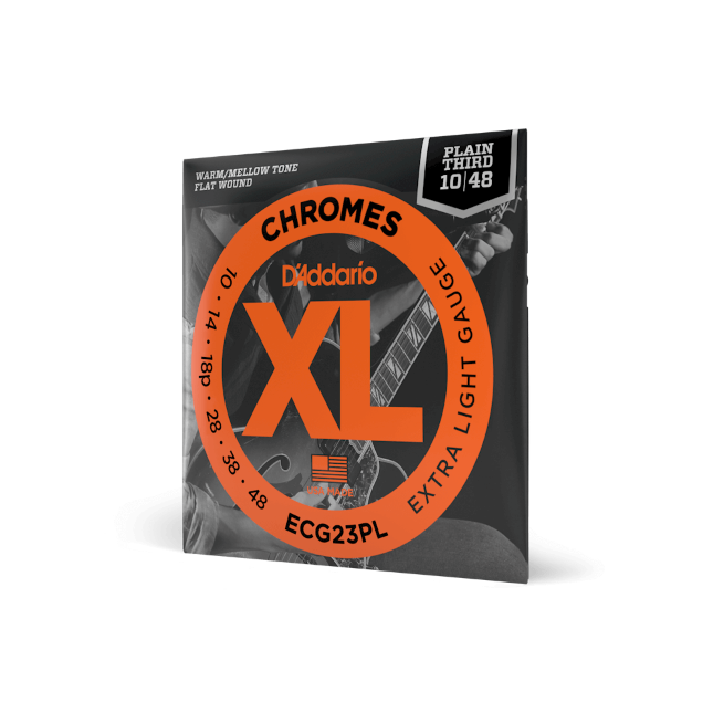D'Addario ECG23PL XL Chromes Flatwound Electric Guitar Strings -10-48 Extra Light, Plain Third