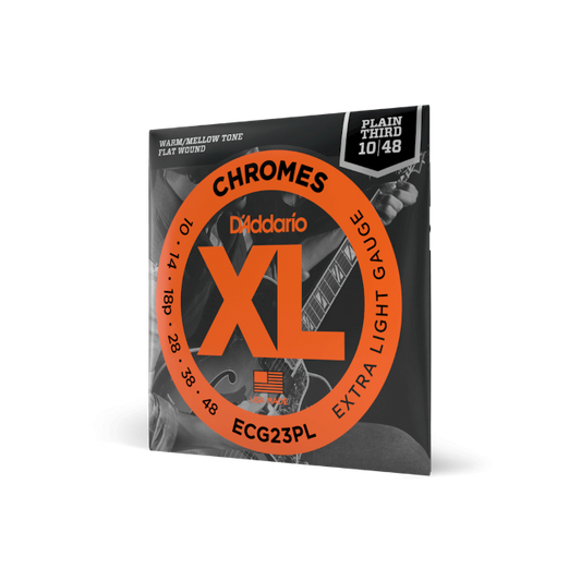 D'Addario ECG23PL XL Chromes Flatwound Electric Guitar Strings -10-48 Extra Light, Plain Third