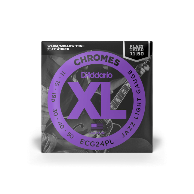D'Addario ECG24PL XL Chromes Flatwound Electric Guitar Strings -11-50 Jazz Light, Plain Third