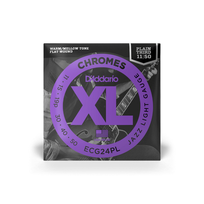 D'Addario ECG24PL XL Chromes Flatwound Electric Guitar Strings -11-50 Jazz Light, Plain Third