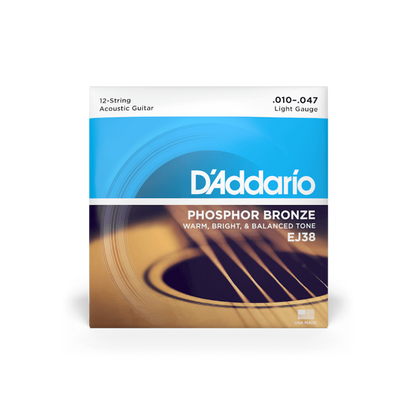 D'Addario EJ38 Phosphor Bronze 12-String Acoustic Guitar Strings, 10-47 Light