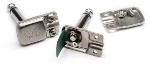 Metallic hardware components on a white background