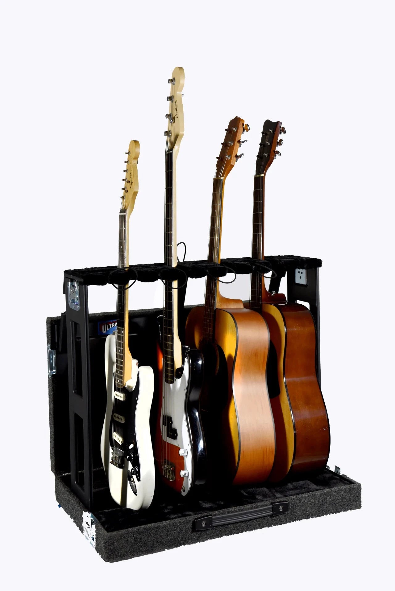 Ultra Case GSX-4 guitar boat stand holding five guitars in a padded black case